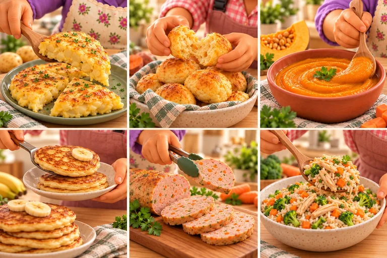 Colagem de receitas com a vovó e a mamãe preparando as comidinhas